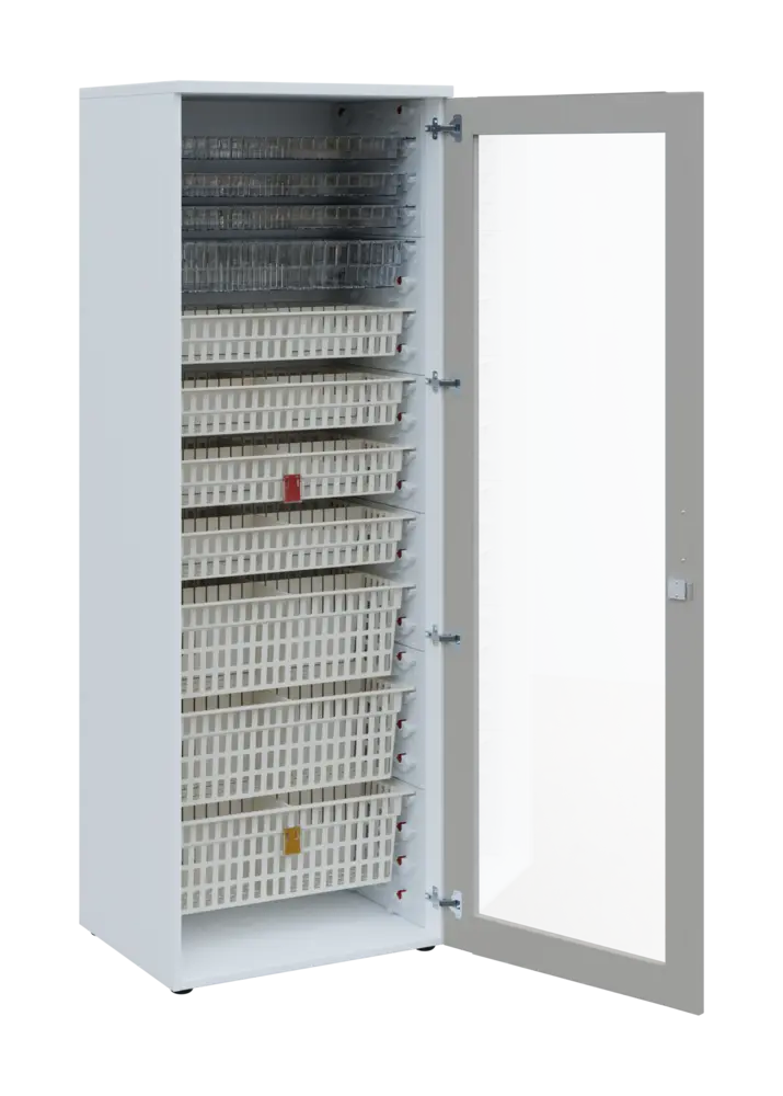 EUROMEDICA S - 66 skříň léková boxová, 1-dveřová/prosklená, pravá, 1950x660x535, korpus bílý, dvířka šedá